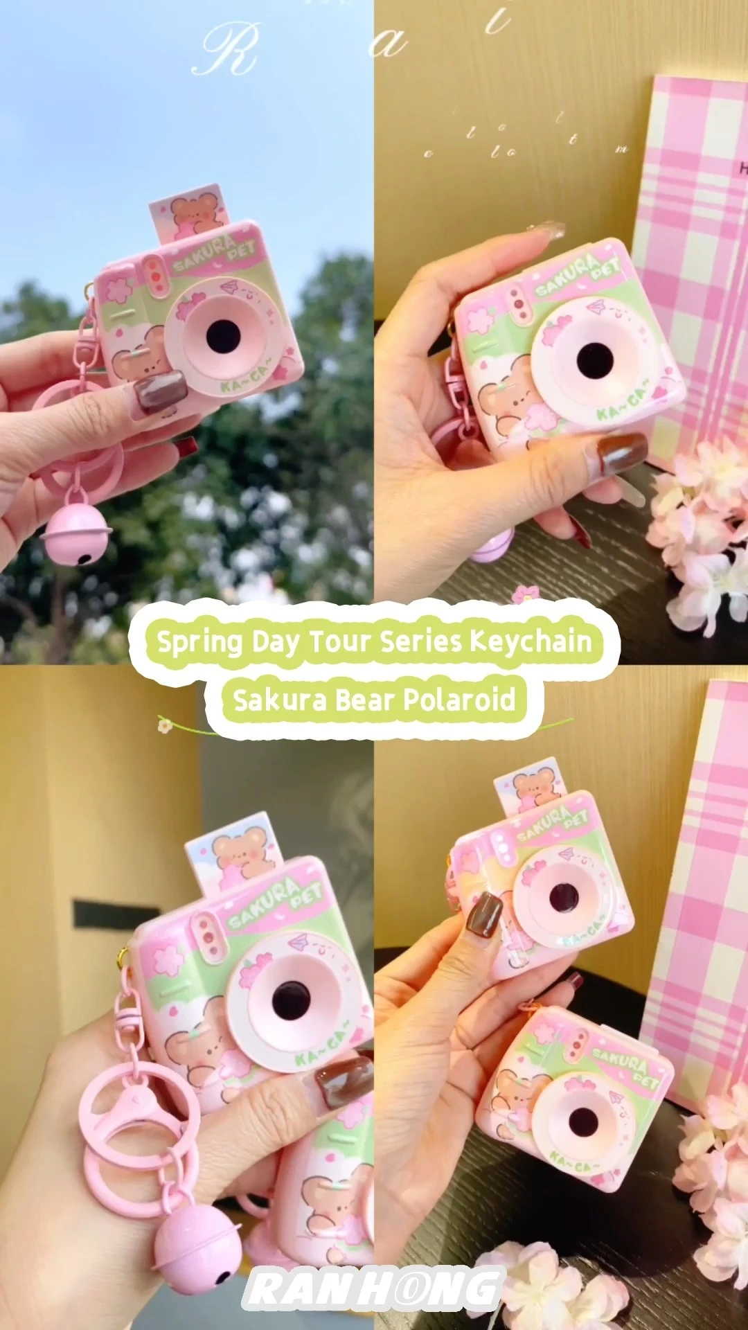 Rubber Little Bear Polaroid Pendant Keychain with Spring Cherry Blossom Design 1