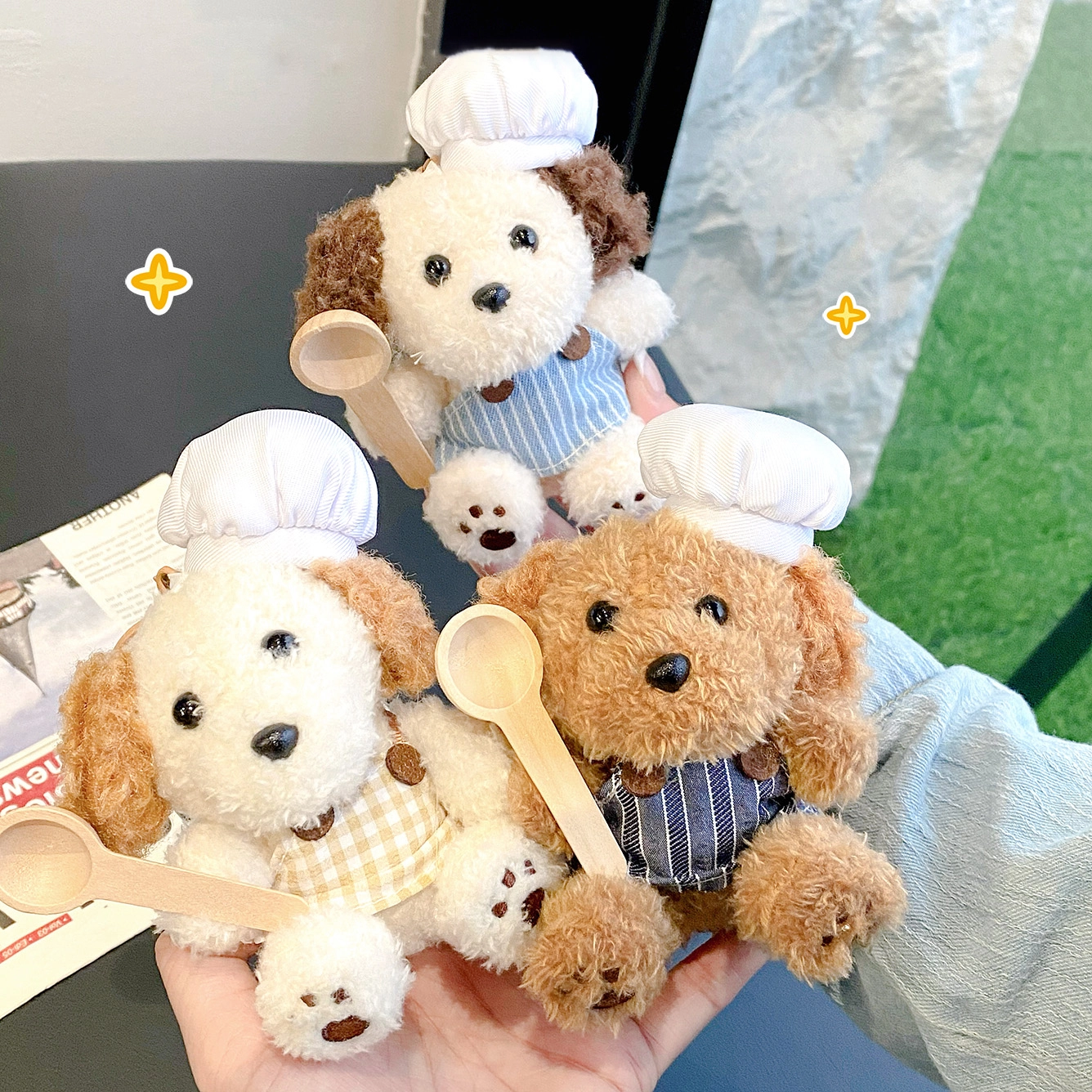 Ranhong Little Chef Curly Dog Repair Keychain Cute Plush Doll Backpack Pendant Soft Alloy & Crystal Gift for Girls 1
