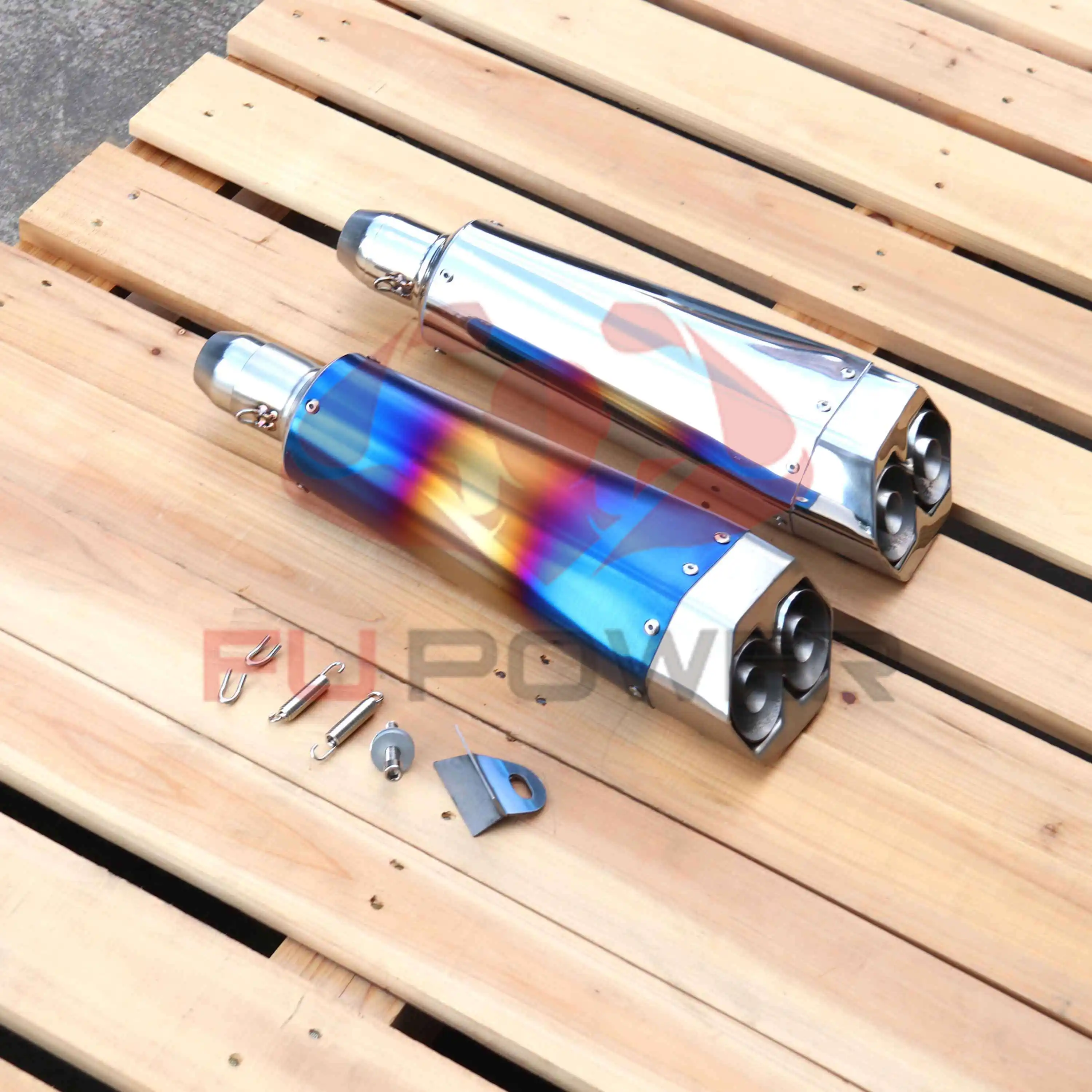 カスタムオートバイエキゾーストパイプマフラーデュアルアウトレットブライト/ブルーカラー 1