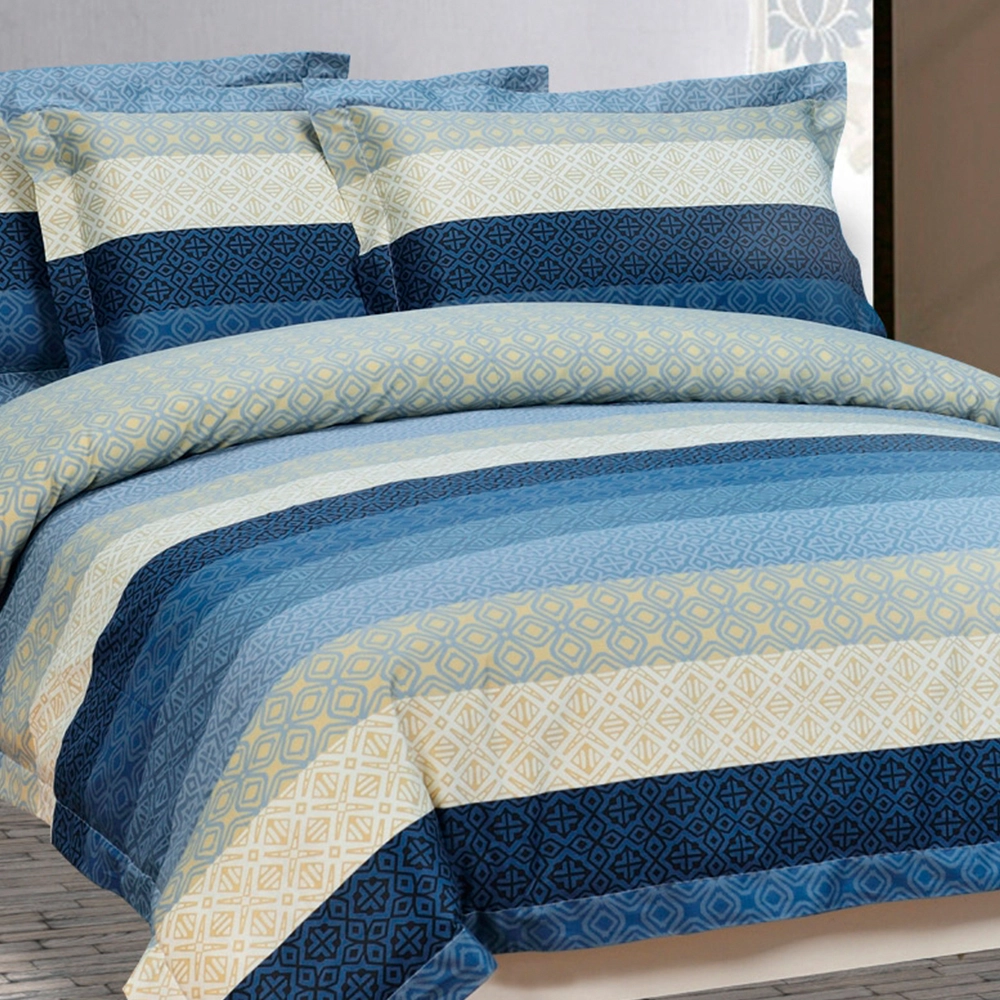 Parure de lit complète 100% 
Coton 
Impression rotative de géométries bleues 1