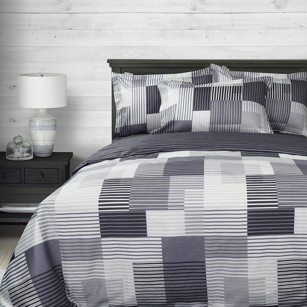 Juego de Cama Completo 100% Algodón Estampado Rotativo Experiencia Geométrica Blanco y Negro 1