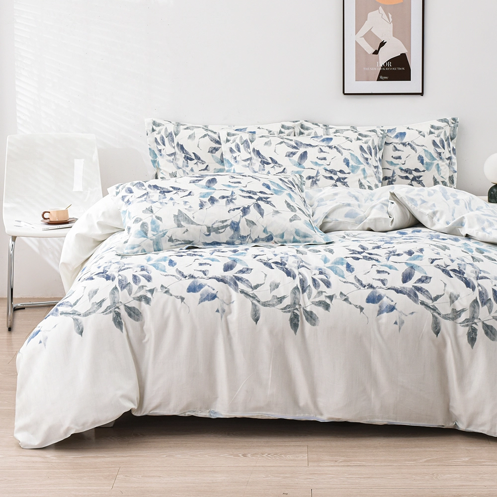 طقم غطاء لحاف مطبوع رقميًا بنقشة أوراق نباتية زرقاء، طقم مفروشات لغرفة نوم عصرية 1