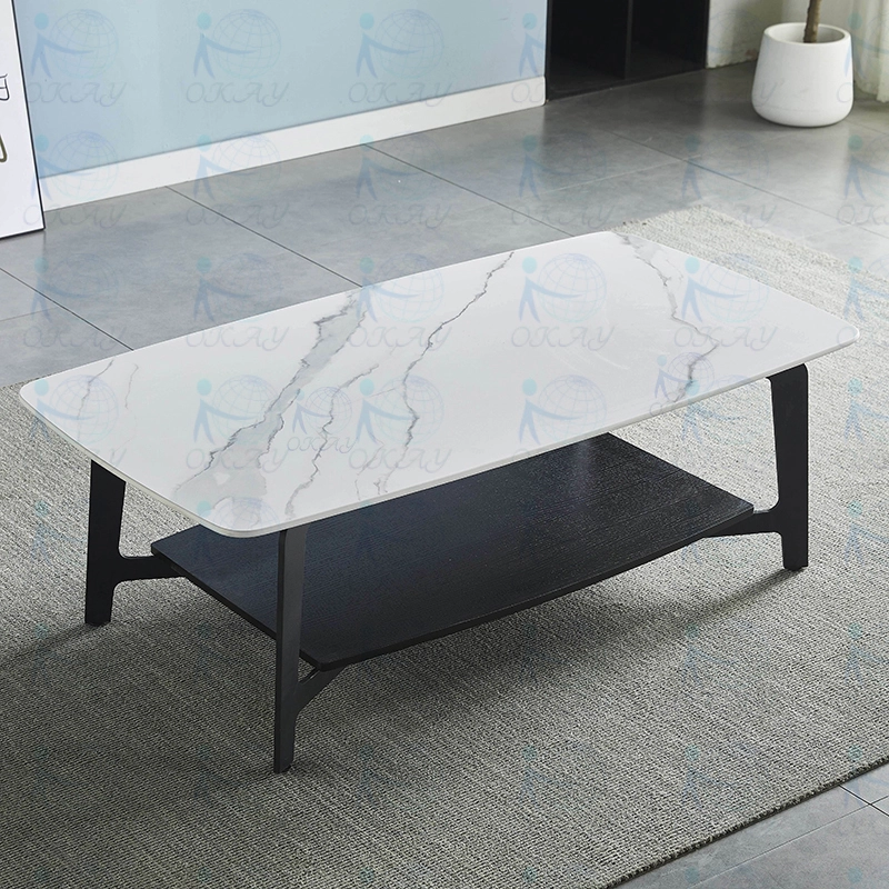 Mesa de centro retangular arredondada de camada dupla com tampo de laje de pedra e pingente de madeira, arte da camada inferior, estilo moderno 1