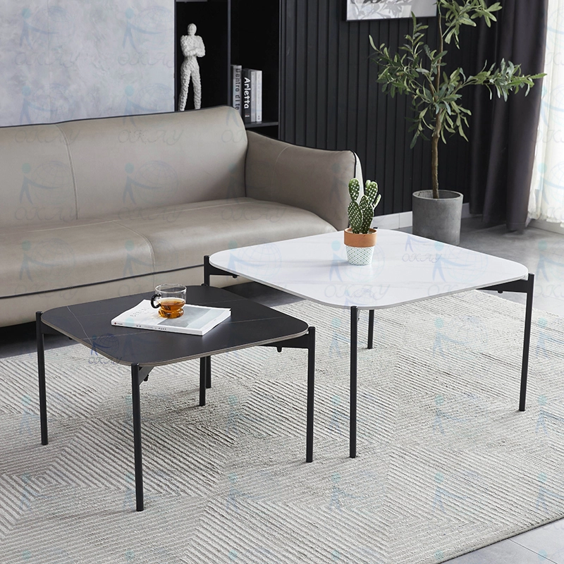 Combinação moderna e minimalista de mesa de centro de pedra preta e branca, armazenamento aninhado, minimalismo moderno, espaço pequeno, sala de estar 1