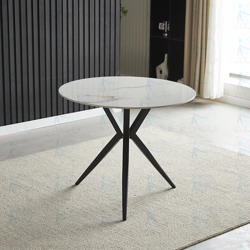 Round dining table for 3-4 people, modern style, artistic rock board, warm dining room, metal base with 3 corners, small dining room, flower room, factory direct sales, 1