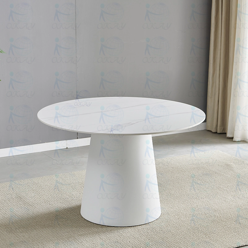 Mesa de jantar circular para 3-4 pessoas, mesa de pedra branca de estilo moderno, base de metal, arte, pequeno restaurante, sala de flores, vendas diretas da fábrica 1