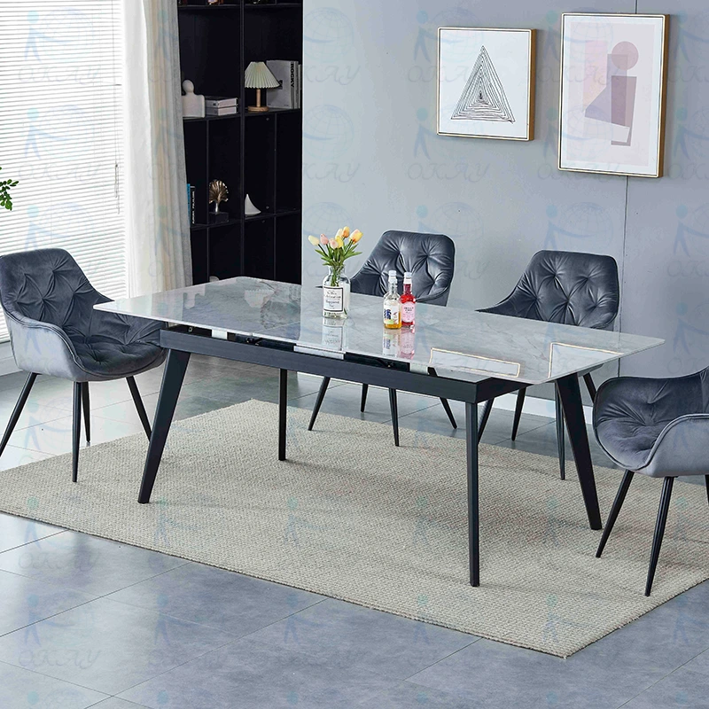 Juego de mesa de comedor moderna de mármol con 6 sillas de cuero PU de lujo 1