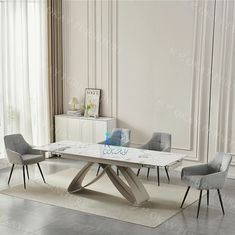 Mesa de jantar expansível minimalista moderna com tampo de mármore de luxo e base de aço carbono que economiza espaço - 1760602763607343 1