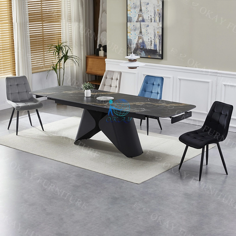Mesa de jantar estilo minimalista nórdico com laje de pedra expansível de 6 a 8 lugares personalizável, base estilo arte 1