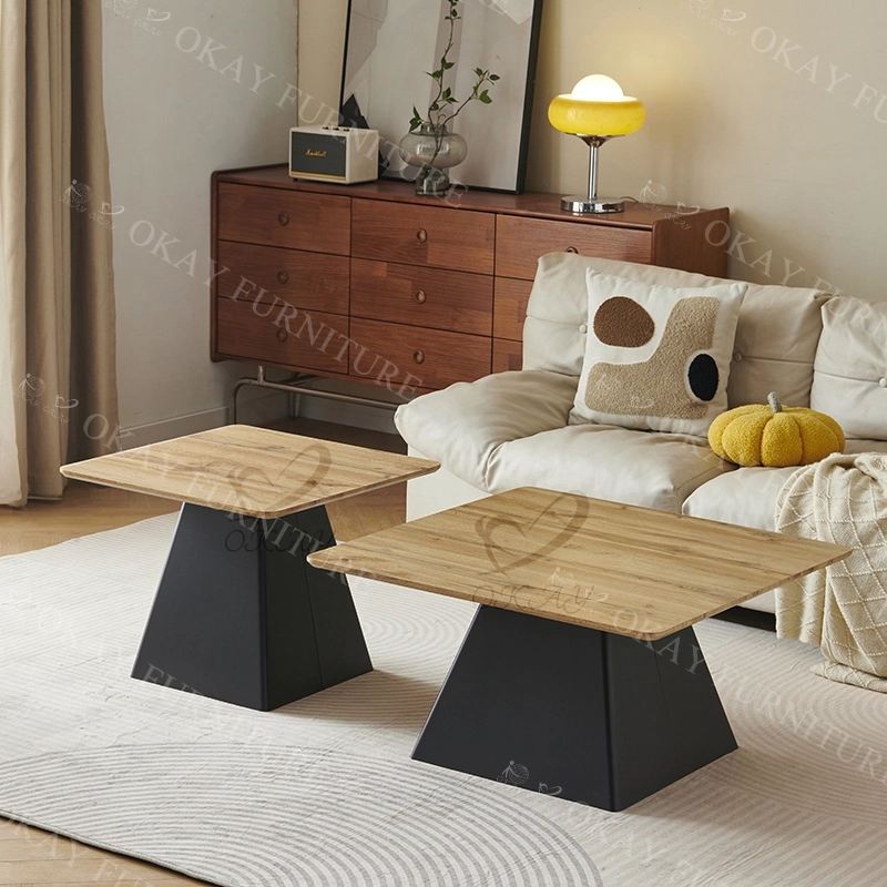 モダンな幾何学模様のスクエア型木目焼結石コーヒーテーブル | デュアルサイズの段付きデザイン 1