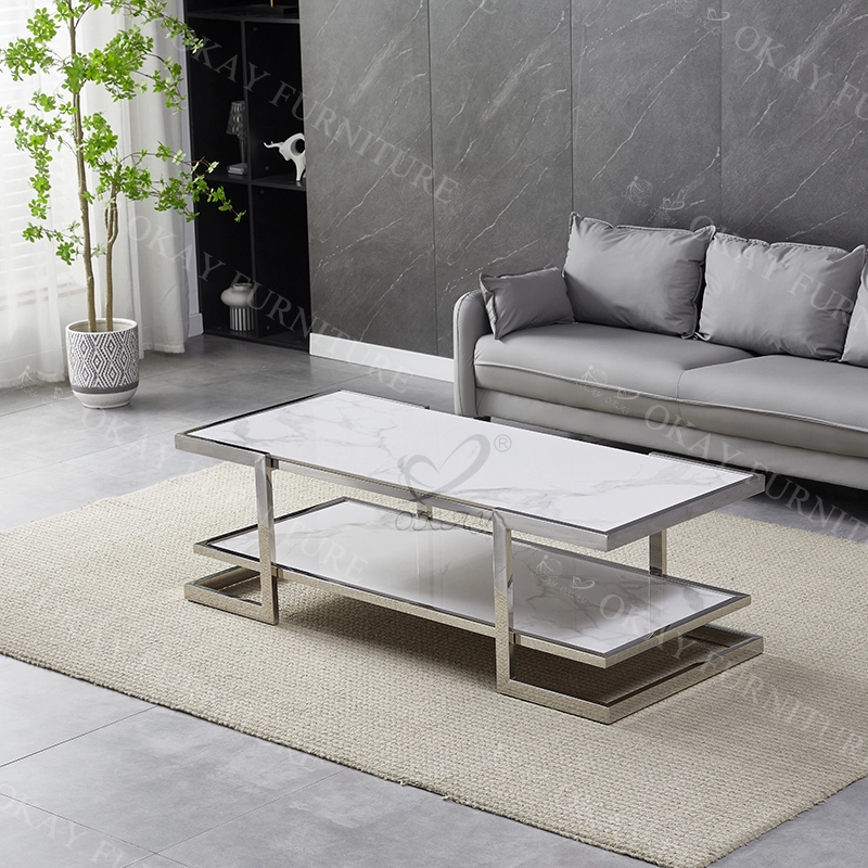 Modern Luxury Double-Tier Coffee Table | OKAY FURNITURE – Sleek Stone & Metal Design for Versatile Spaces 1