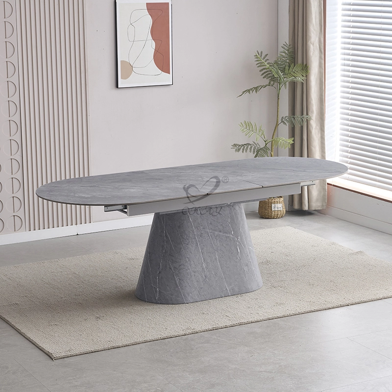 Extendable Oval Dining Table, Grey Sintered Stone Top with Marble Vein, Conical Stone Base for Modern Kitchen 1