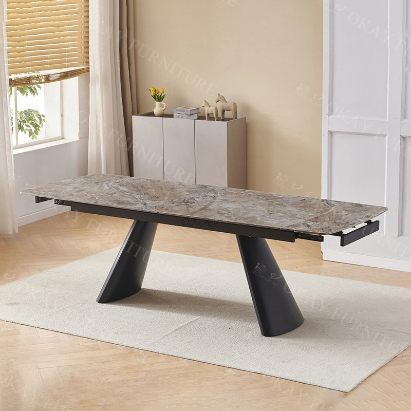 Table de salle à manger extensible de luxe moderne, en pierre frittée brune, piètement géométrique conique pour cuisine et salle à manger 1