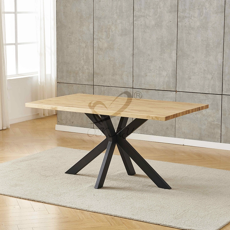 Industrial minimalist extendable long table – dual-set black square-frame metal legs + vintage oak wood grain / marble sintered stone tabletop-1776822453997467 1