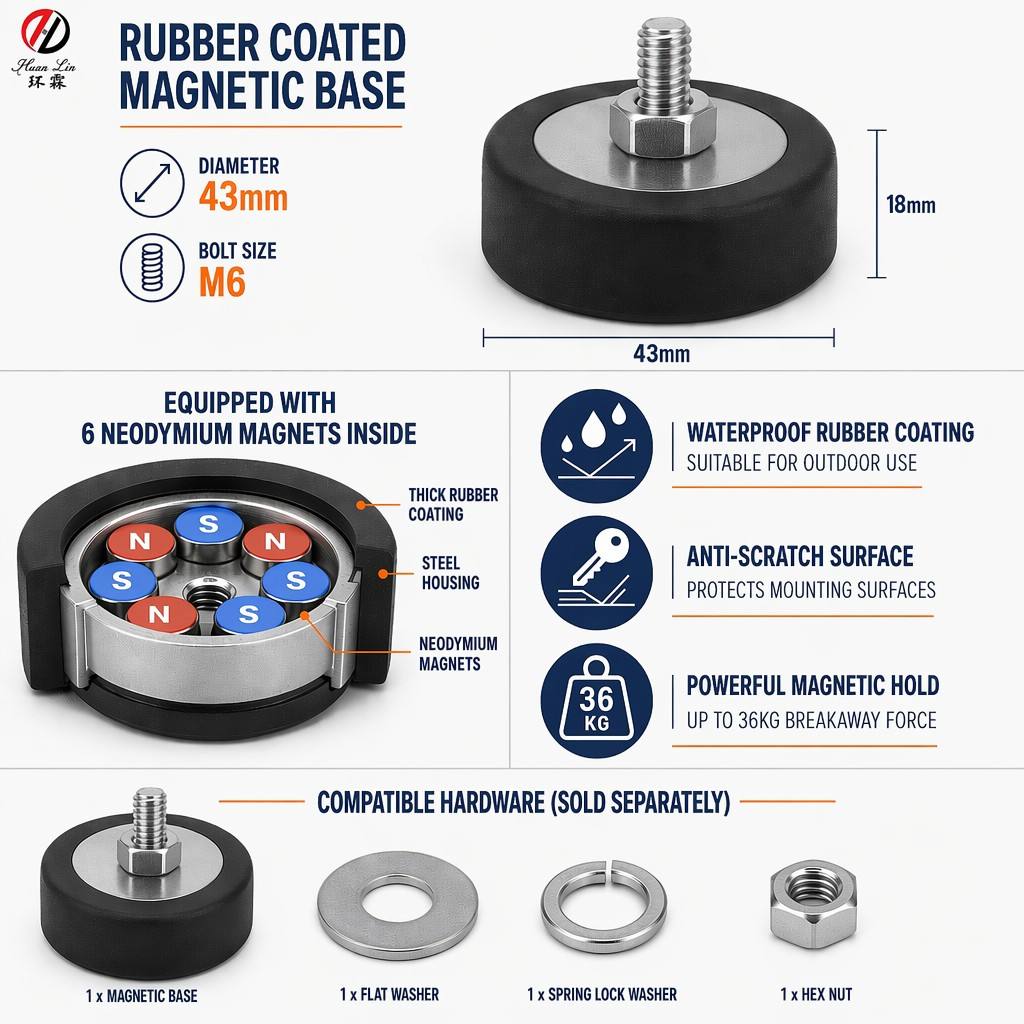 rubber coated neodymium magnets, rubber covered pot magnets, threaded rubber magnet, strong mounting magnet, 60kg pull force rubber magnet, neodymium pot magnet with rubber coating