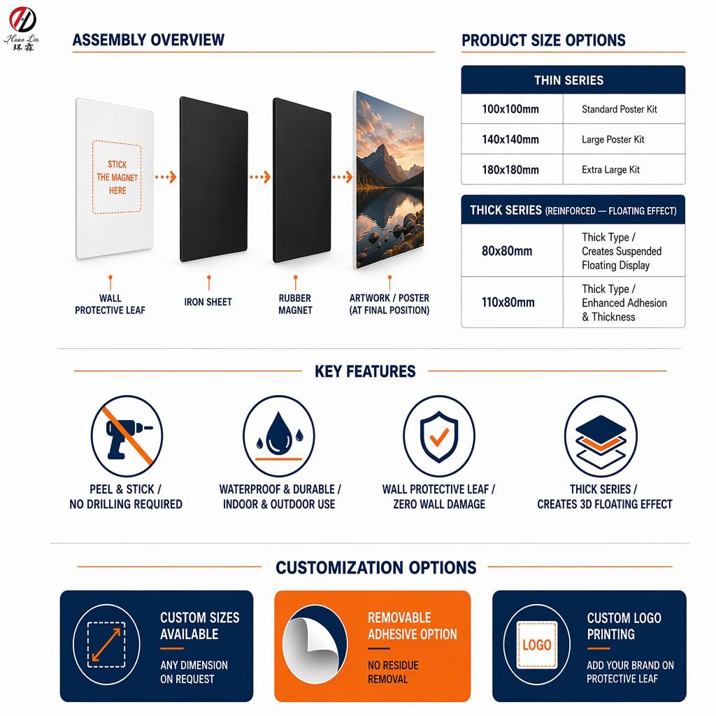 Rubber magnet poster frame set with magnetic wall display system, no drilling required, zero wall damage, quick poster change and optional 3D floating effect. Ideal for pictures, posters, signs and artwork display.