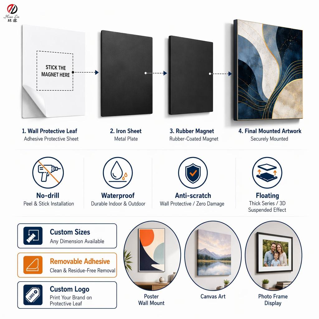 Rubber magnet poster frame set with magnetic wall display system, no drilling required, zero wall damage, quick poster change and optional 3D floating effect. Ideal for pictures, posters, signs and artwork display.