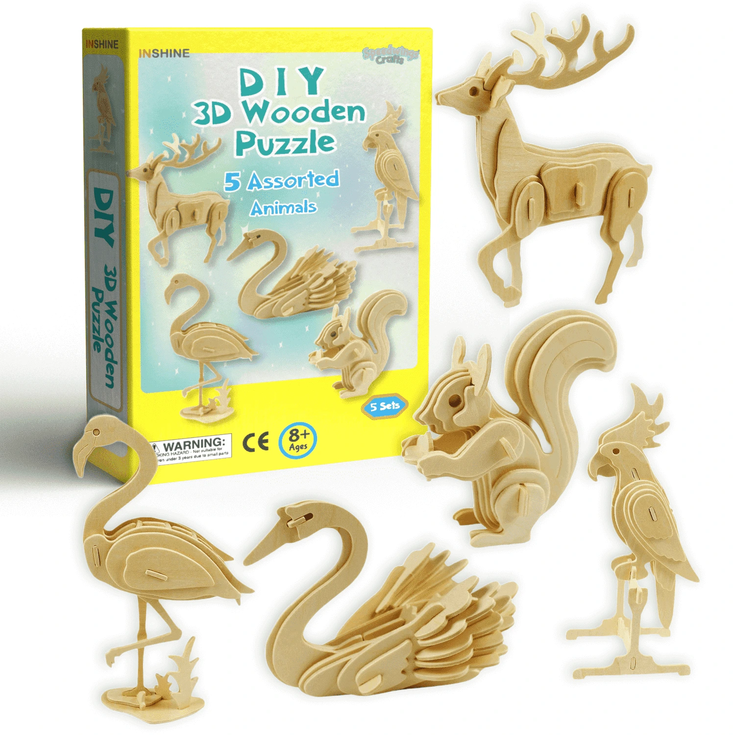 Brinquedo educacional de haste de quebra-cabeça de madeira 3d 5 animais variados OEM/ODM 1