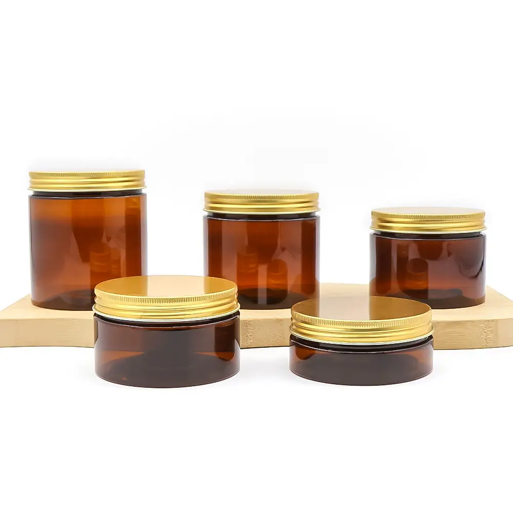 Garrafa luxuosa de plástico âmbar com boca larga, adequada para mel, lanches, creme facial, etc. 1