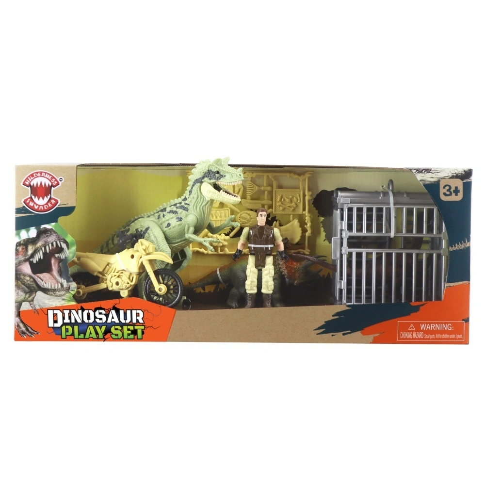 Conjunto de escena de juguetes de jaula de dinosaurio y moto con apertura y cierre de boca de dinosaurio 1