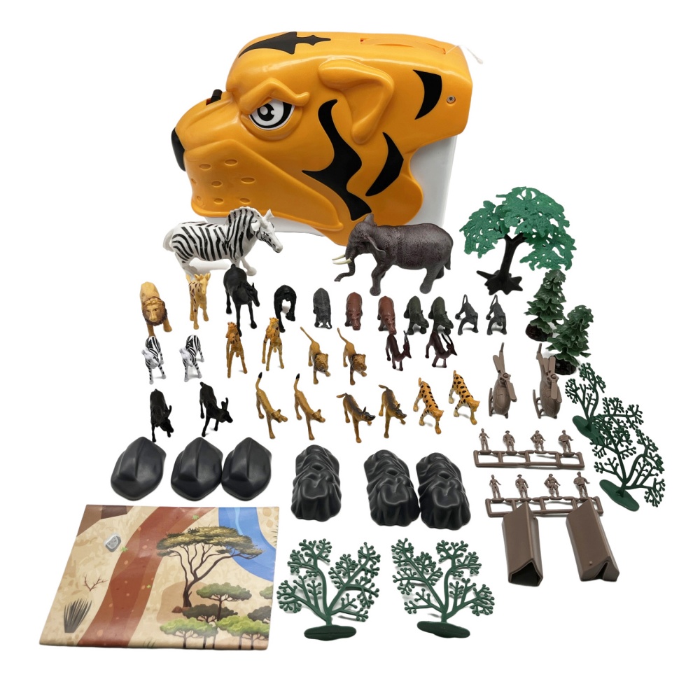 Almacenamiento de cabeza de tigre, 56 Uds., animales salvajes de diversos tamaños, combinación de mapa de jungla, juego de juguetes de plástico para niños 1