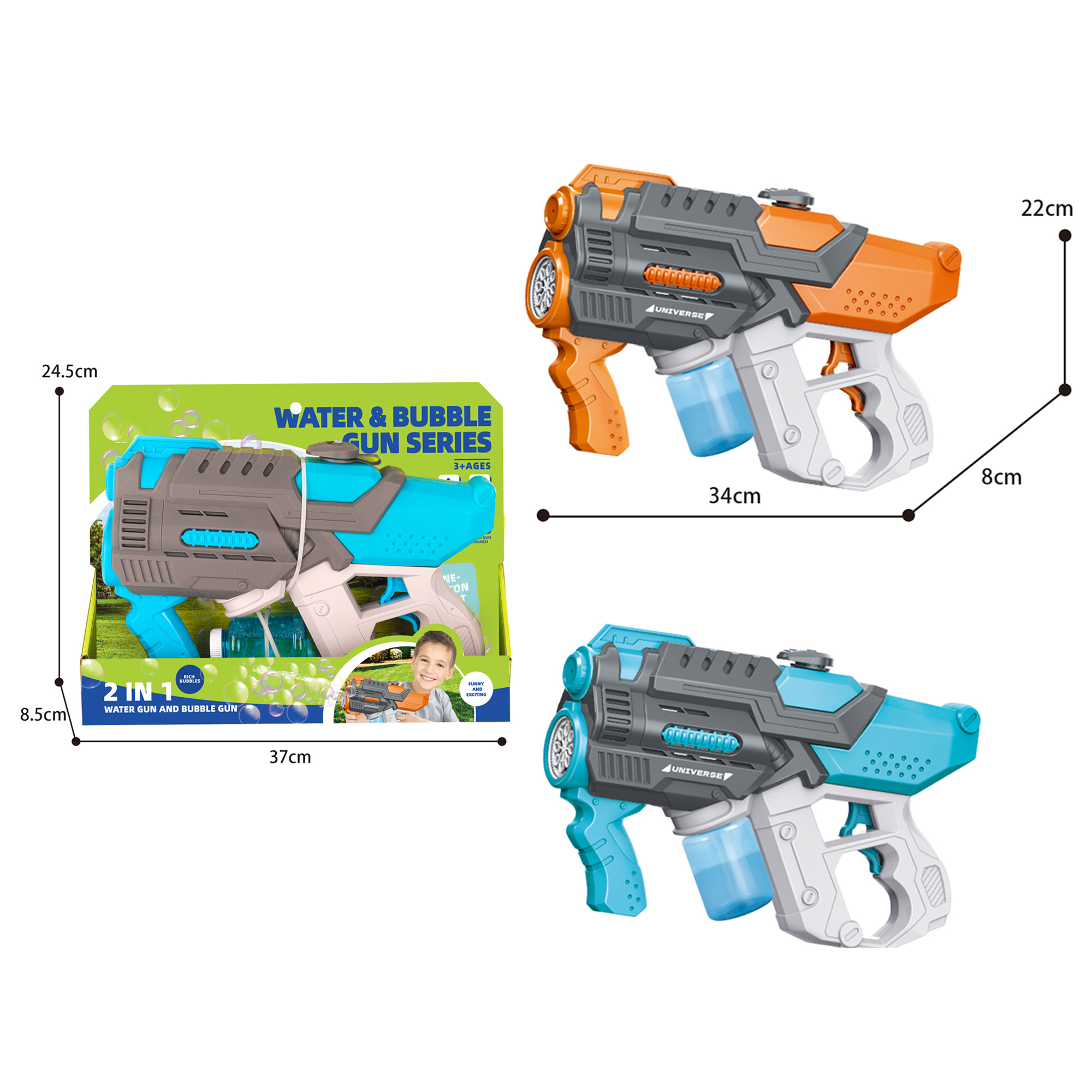 Juguete de verano al aire libre, 2 en 1, pistola de burbujas de agua con agua de burbujas, 120 ml, juego de plástico para niños. 2