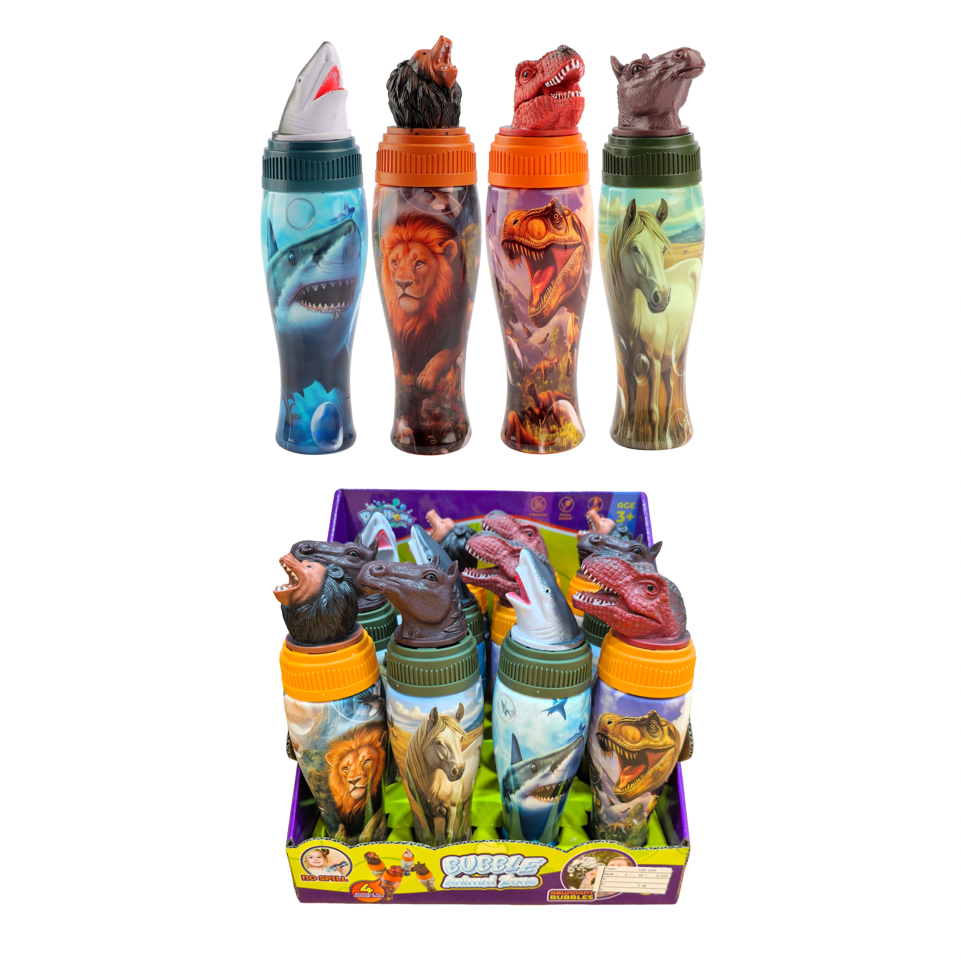 Baguette à bulles anti-déversement en gros OEM, assortiment d&#39;animaux : dinosaure, requin, lion, cheval, cadeau idéal pour les jeux et événements sportifs d&#39;été en plein air. Jouets et cadeaux parfaits pour les enfants. 1