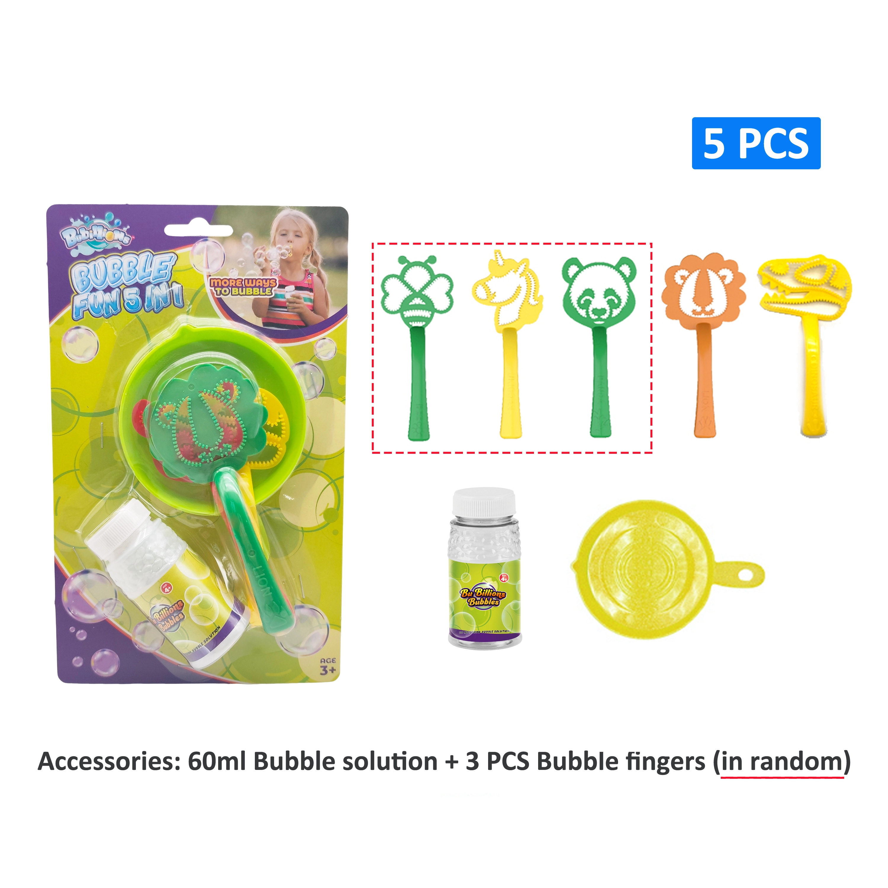 Juguete de burbujas de plástico con forma de animal, 3 varillas de burbujas y 60 ml de solución de burbujas. 1