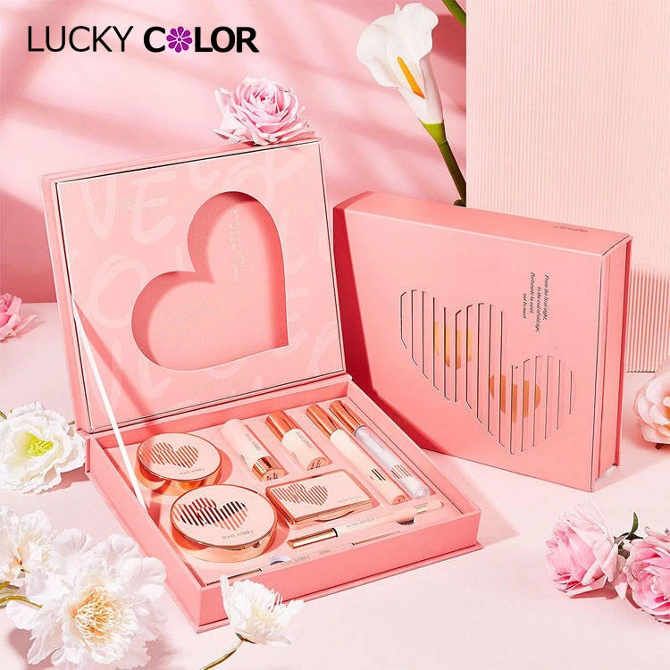 Sistema de maquillaje de 9 piezas con tapa abatible rosada vendedora caliente del corazón con la cinta lateral con nuevo diseño al por mayor 1