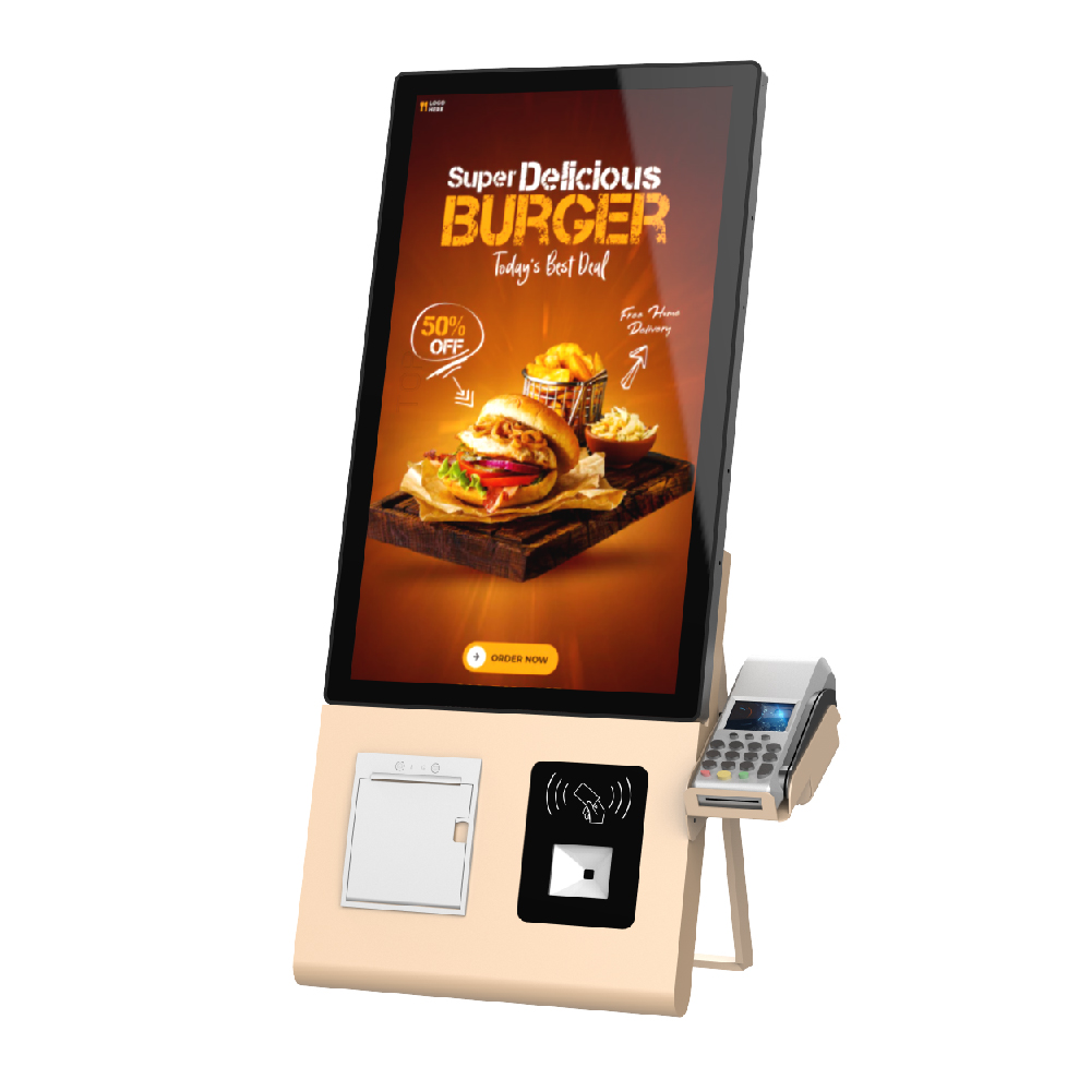 最新热销工厂 23.8 英寸金色台式自助点餐机，带 Pos 支架 Android/Windows 2