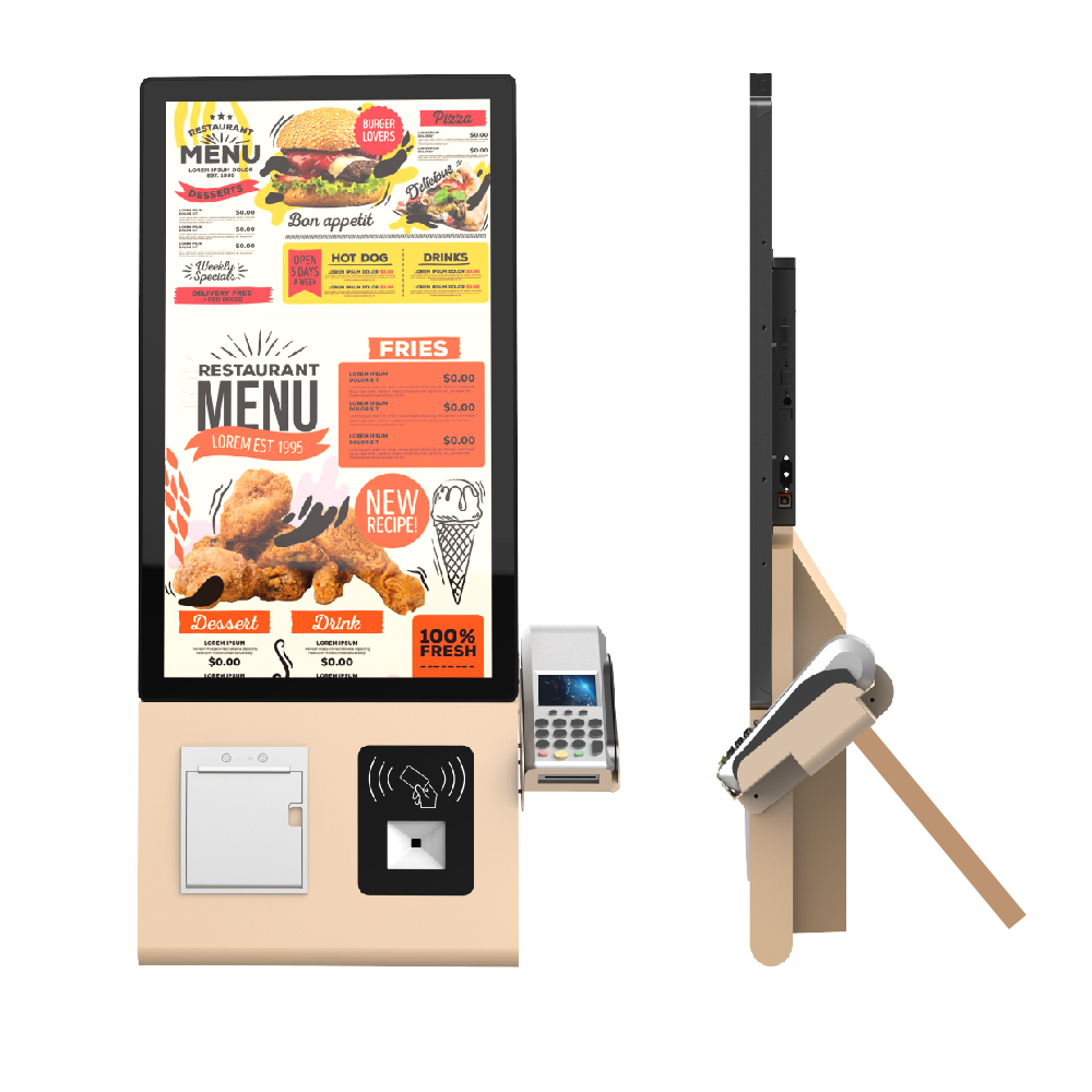 最新热销工厂 23.8 英寸金色台式自助点餐机，带 Pos 支架 Android/Windows 3