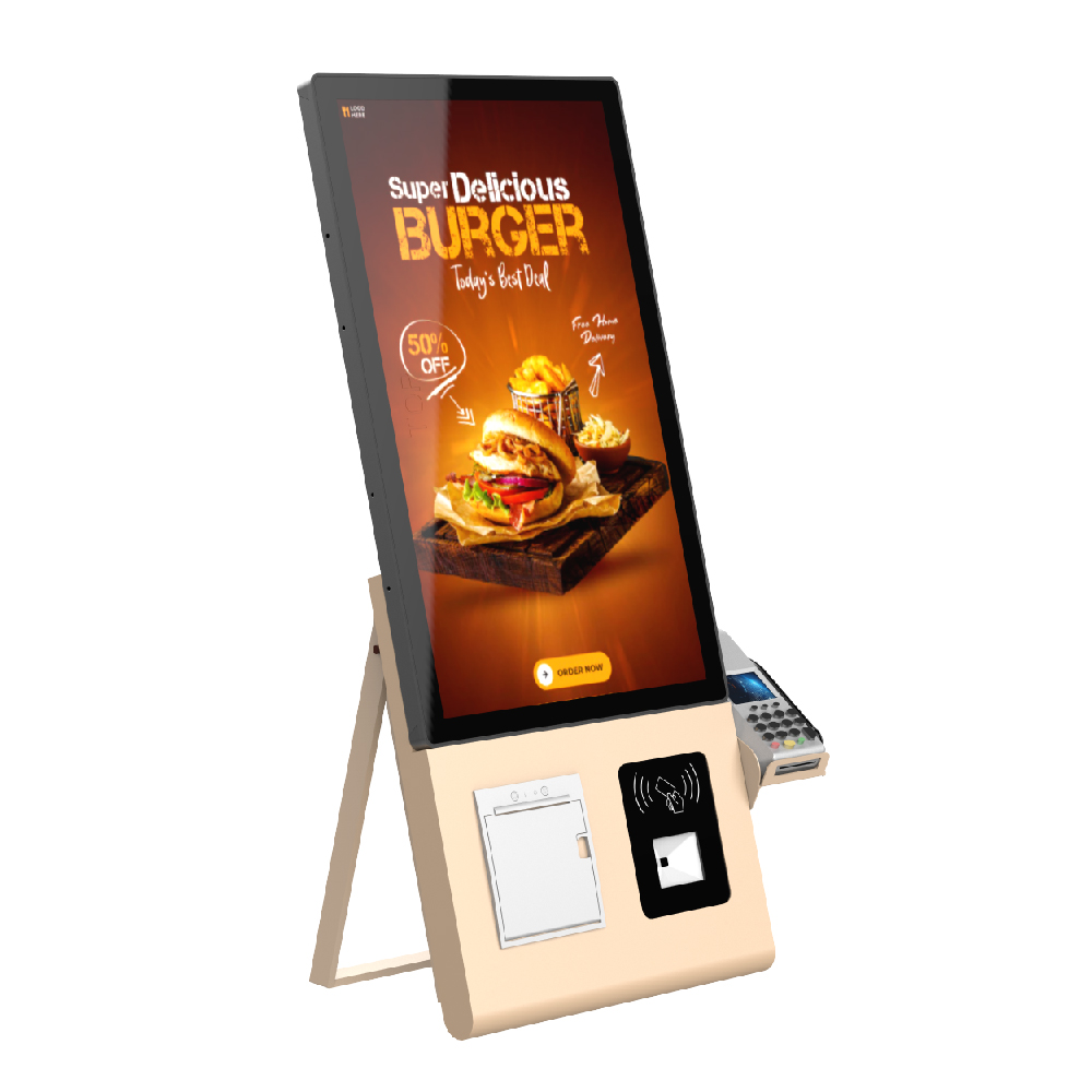 最新热销工厂 23.8 英寸金色台式自助点餐机，带 Pos 支架 Android/Windows 4
