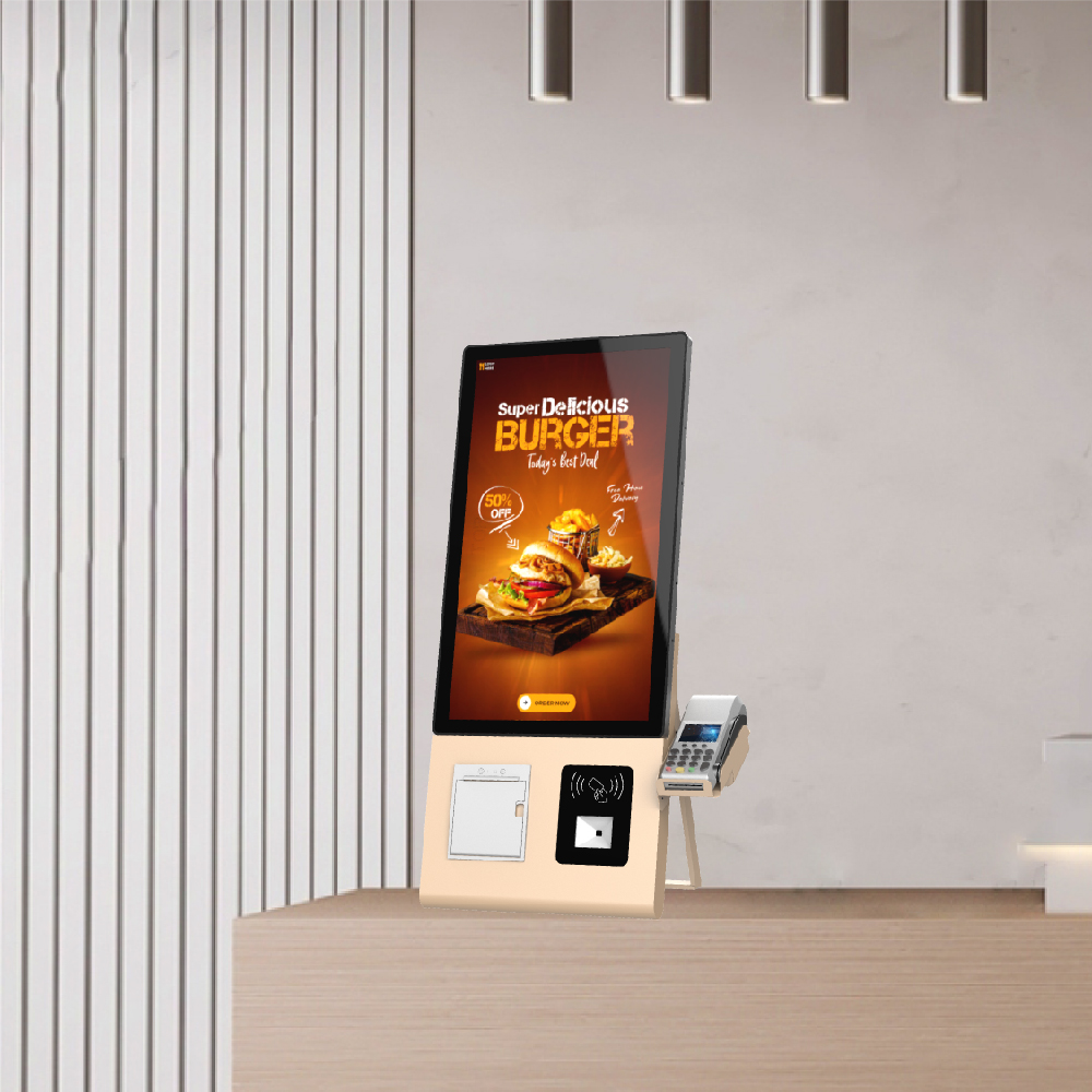 最新热销工厂 23.8 英寸金色台式自助点餐机，带 Pos 支架 Android/Windows 5