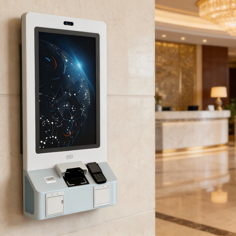 Borne d'enregistrement libre-service murale pour hôtel avec imprimante, terminal de point de vente et scanner de passeport 1