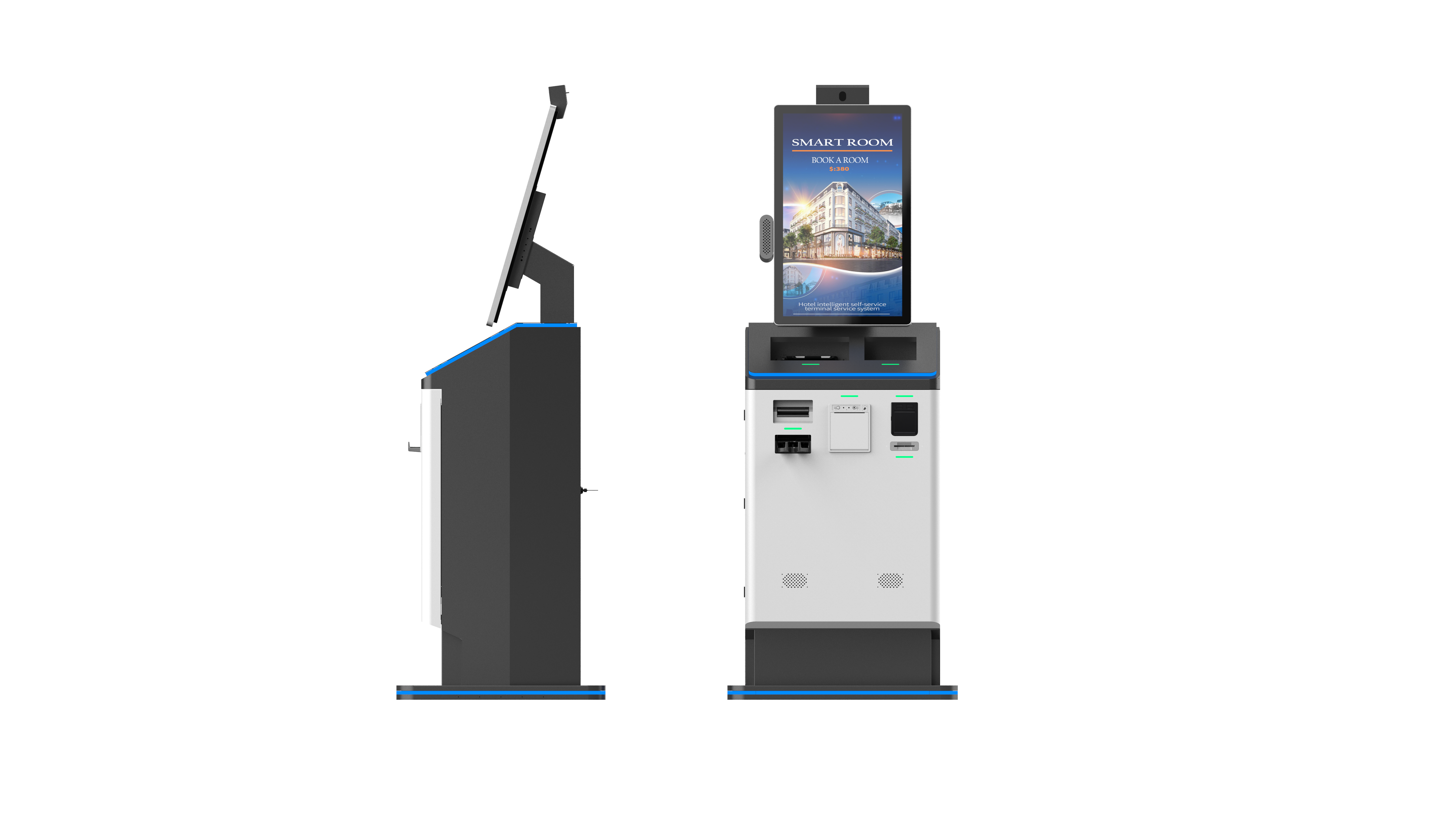 Quiosco de auto check-in de pie para hoteles | Terminal de autoservicio todo en uno con dispensador de tarjetas de habitación, escáner de pasaportes y sistema de pago1 3