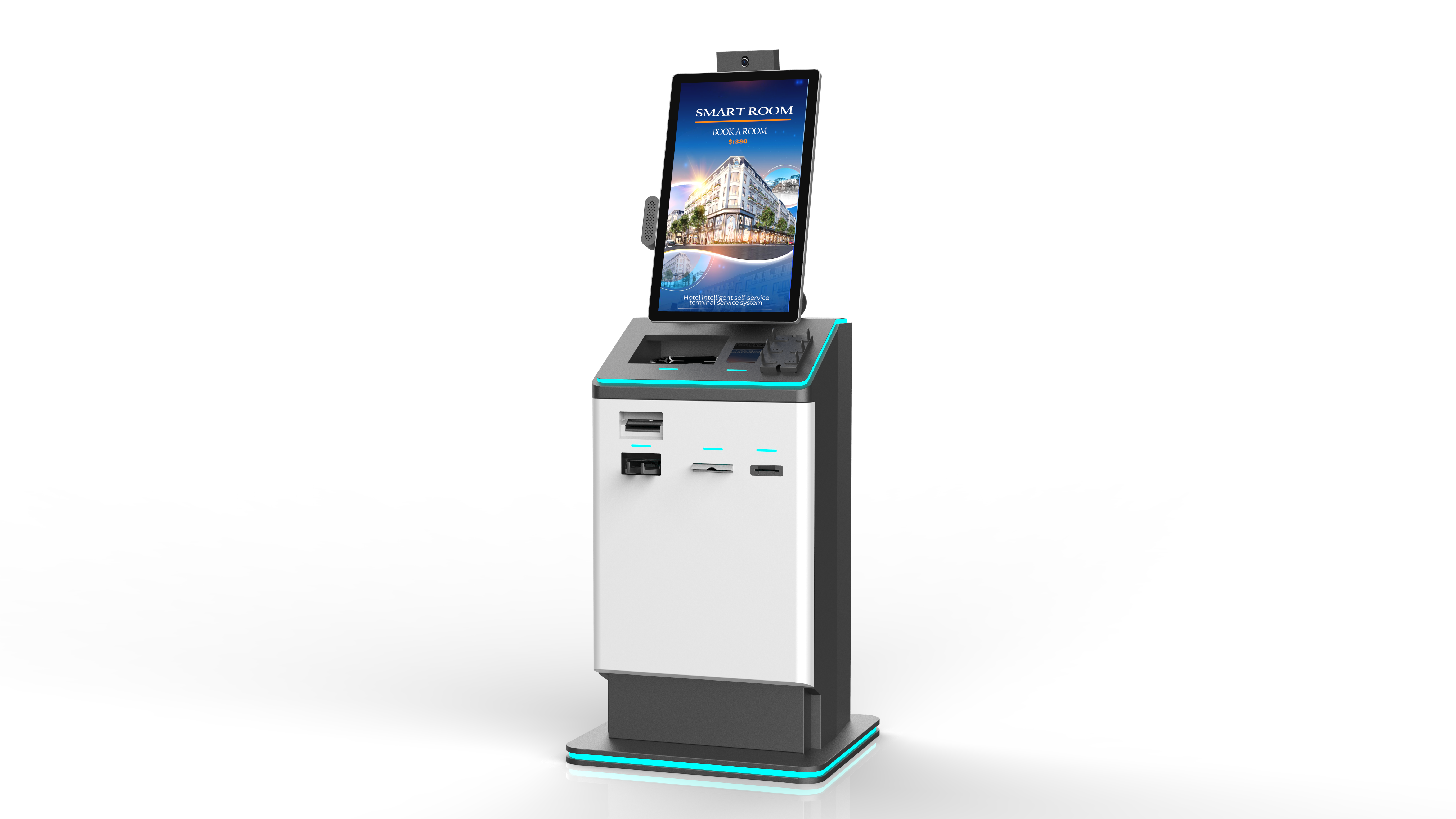 Quiosco de auto check-in de pie para hoteles | Terminal de autoservicio todo en uno con dispensador de tarjetas de habitación, escáner de pasaportes y sistema de pago1 4
