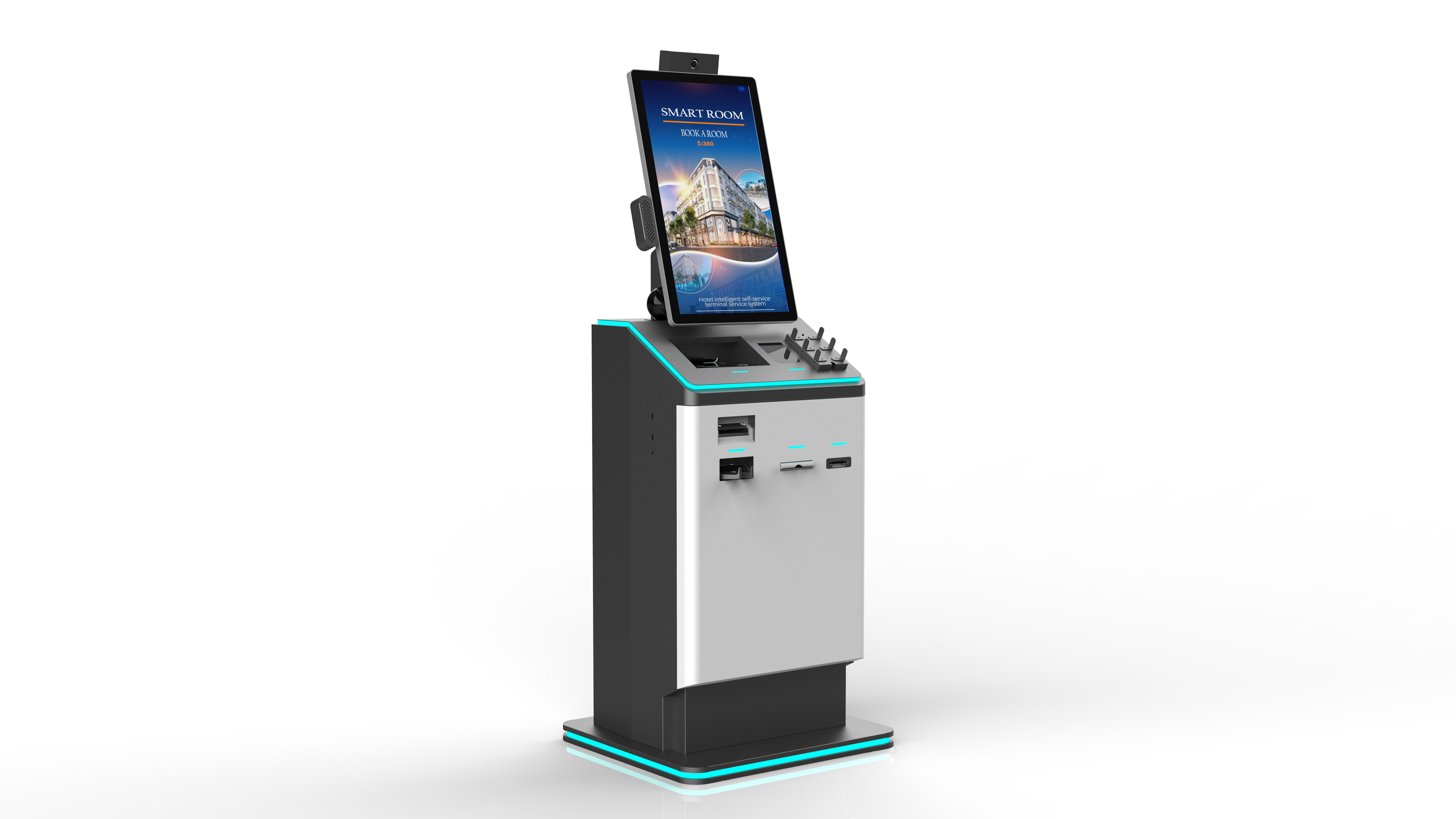 Quiosco de auto check-in de pie para hoteles | Terminal de autoservicio todo en uno con dispensador de tarjetas de habitación, escáner de pasaportes y sistema de pago1 5