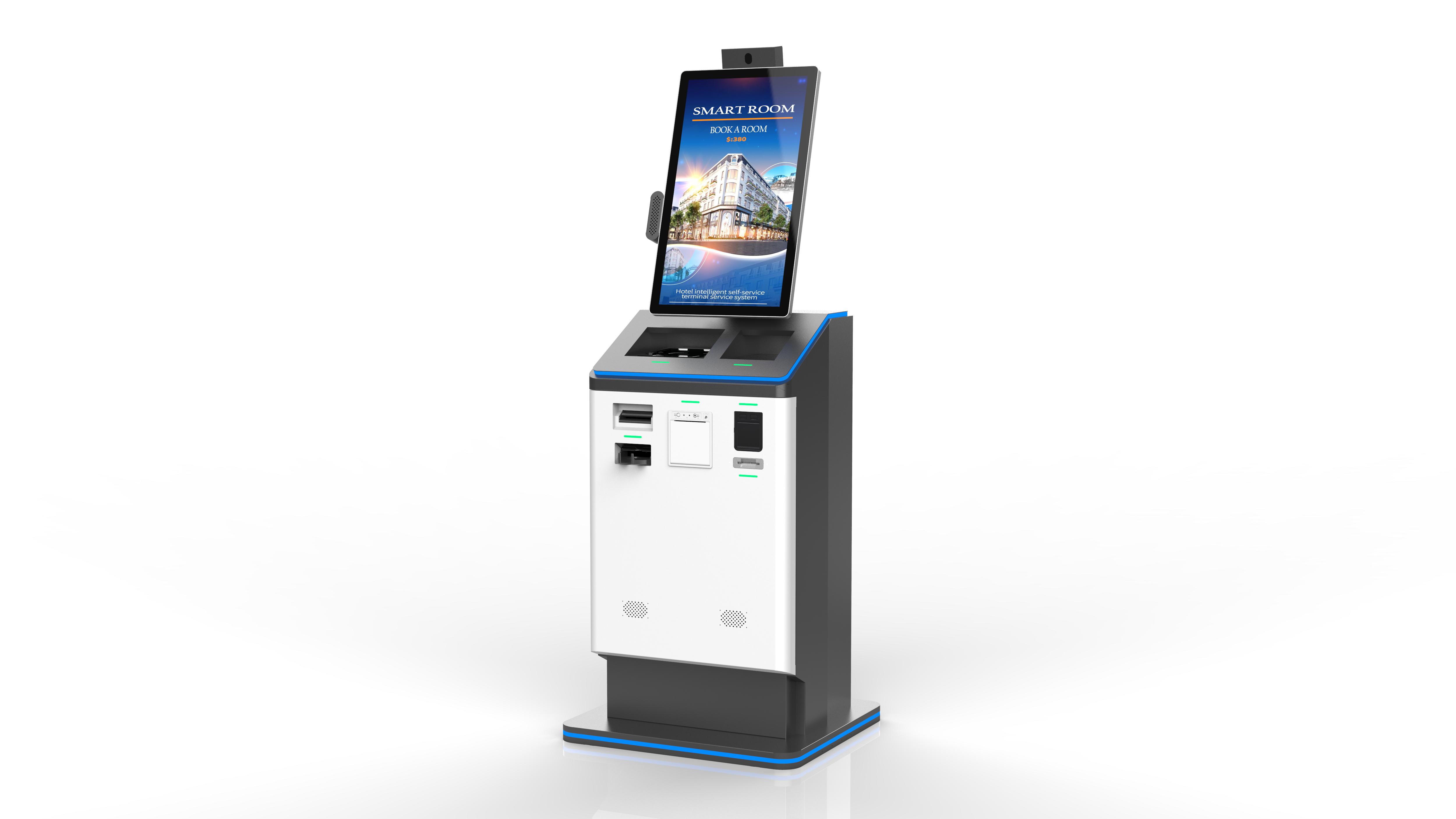 Quiosco de auto check-in de pie para hoteles | Terminal de autoservicio todo en uno con dispensador de tarjetas de habitación, escáner de pasaportes y sistema de pago1 2