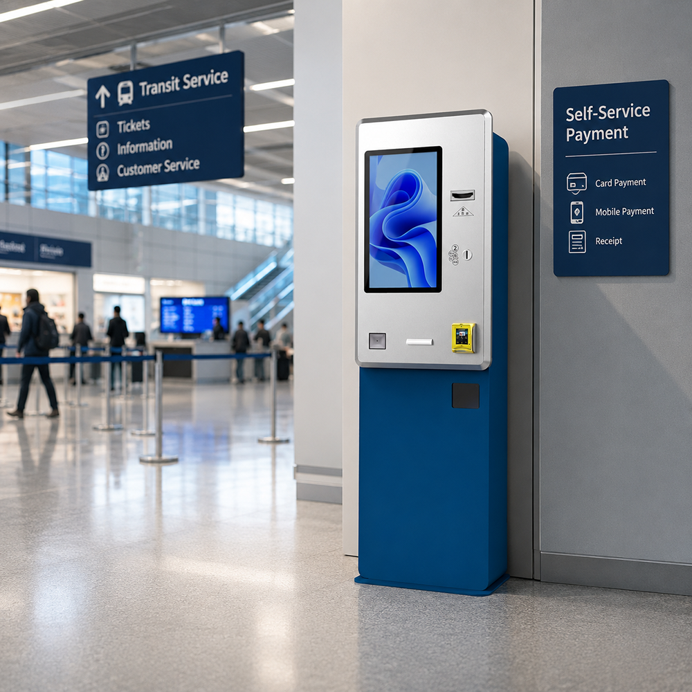 Freistehender blau-weißer Selbstbedienungs-Zahlungskiosk, kundenspezifisches modulares Touchscreen-Terminal für öffentliche Finanzdienstleistungen und kommerzielle Zahlungen 2