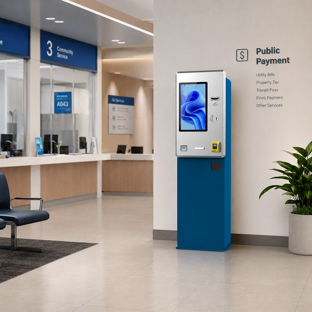 Freistehender blau-weißer Selbstbedienungs-Zahlungskiosk, kundenspezifisches modulares Touchscreen-Terminal für öffentliche Finanzdienstleistungen und kommerzielle Zahlungen 4
