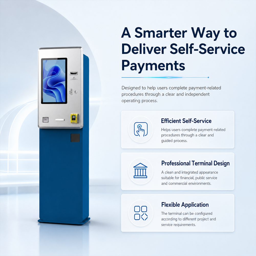 Freistehender blau-weißer Selbstbedienungs-Zahlungskiosk, kundenspezifisches modulares Touchscreen-Terminal für öffentliche Finanzdienstleistungen und kommerzielle Zahlungen 5