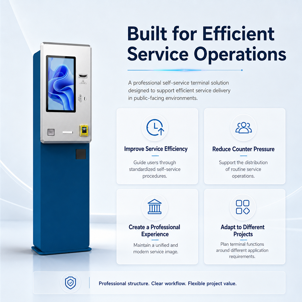 Freistehender blau-weißer Selbstbedienungs-Zahlungskiosk, kundenspezifisches modulares Touchscreen-Terminal für öffentliche Finanzdienstleistungen und kommerzielle Zahlungen 8