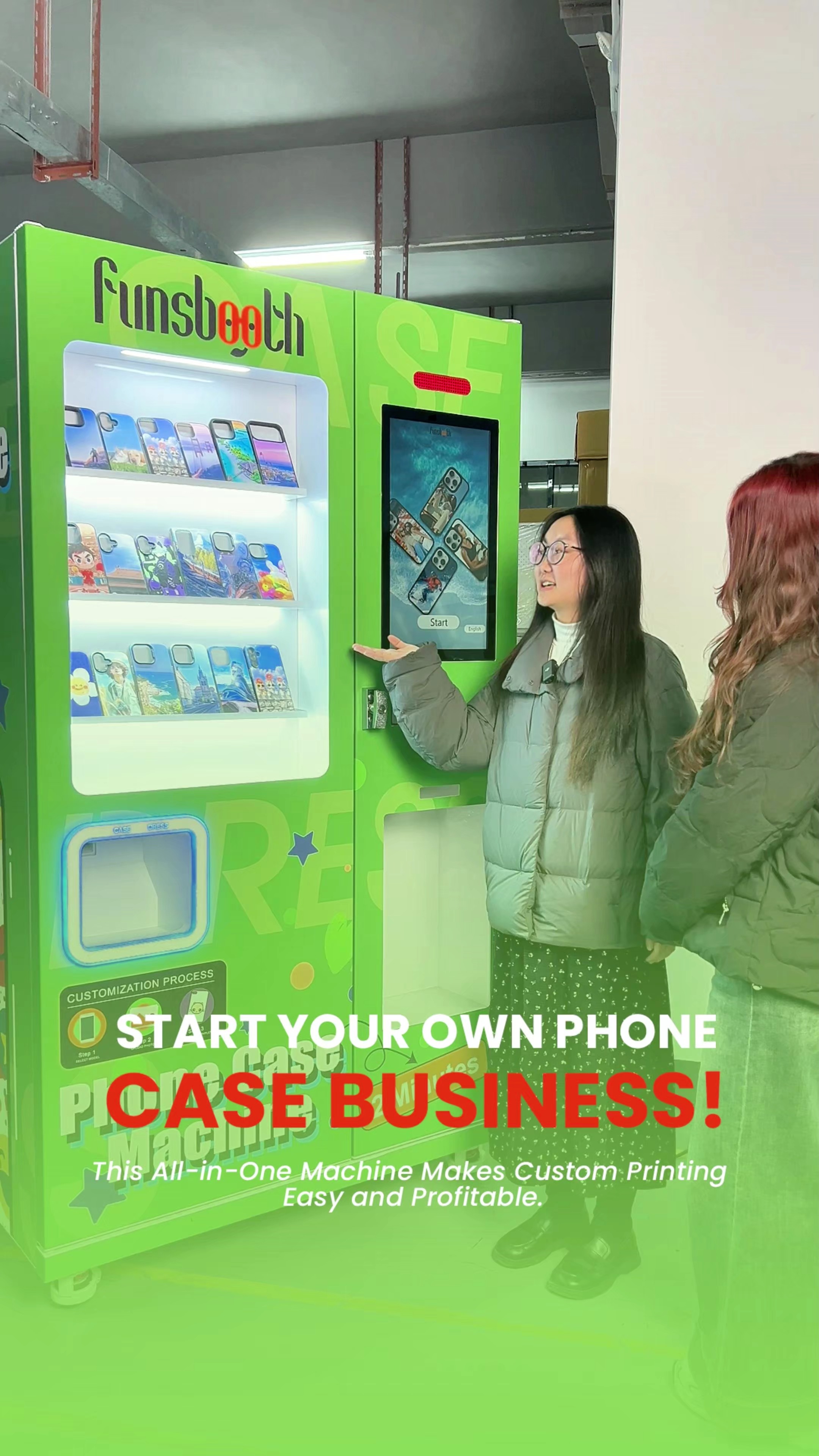 Distributeur automatique de coques de téléphone personnalisées en libre-service, borne tactile capacitive de 21,5 pouces avec impression UV, accepte les paiements en espèces, par carte bancaire et par code QR. 1