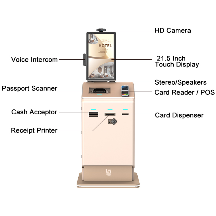Quiosque de autoatendimento para check-in em hotéis com tela sensível ao toque de 21,5 polegadas e quiosque para check-out em lobbies de hotéis. 7