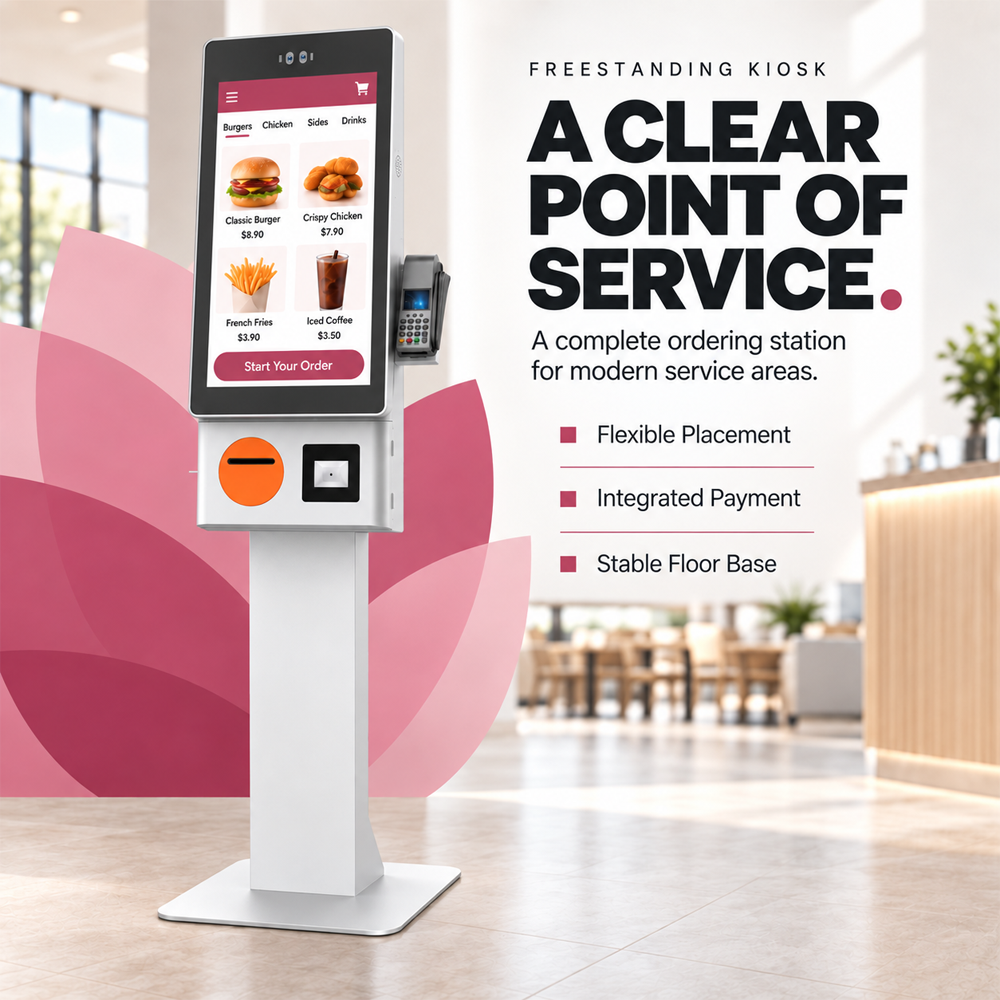 Quiosco de autoservicio independiente LOTUS Series de 23,8" y 27", terminal de pago táctil para restaurantes con impresora térmica. 8