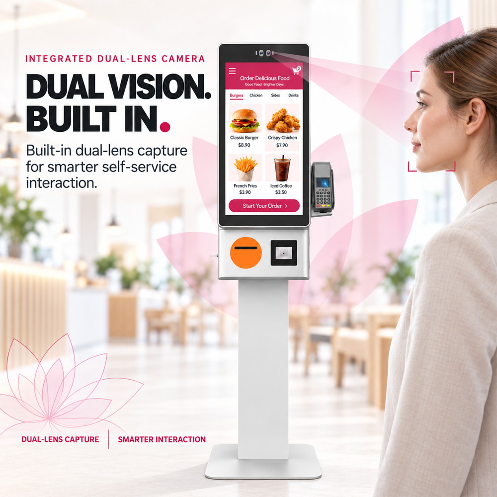 Quiosco de autoservicio independiente LOTUS Series de 23,8" y 27", terminal de pago táctil para restaurantes con impresora térmica. 6