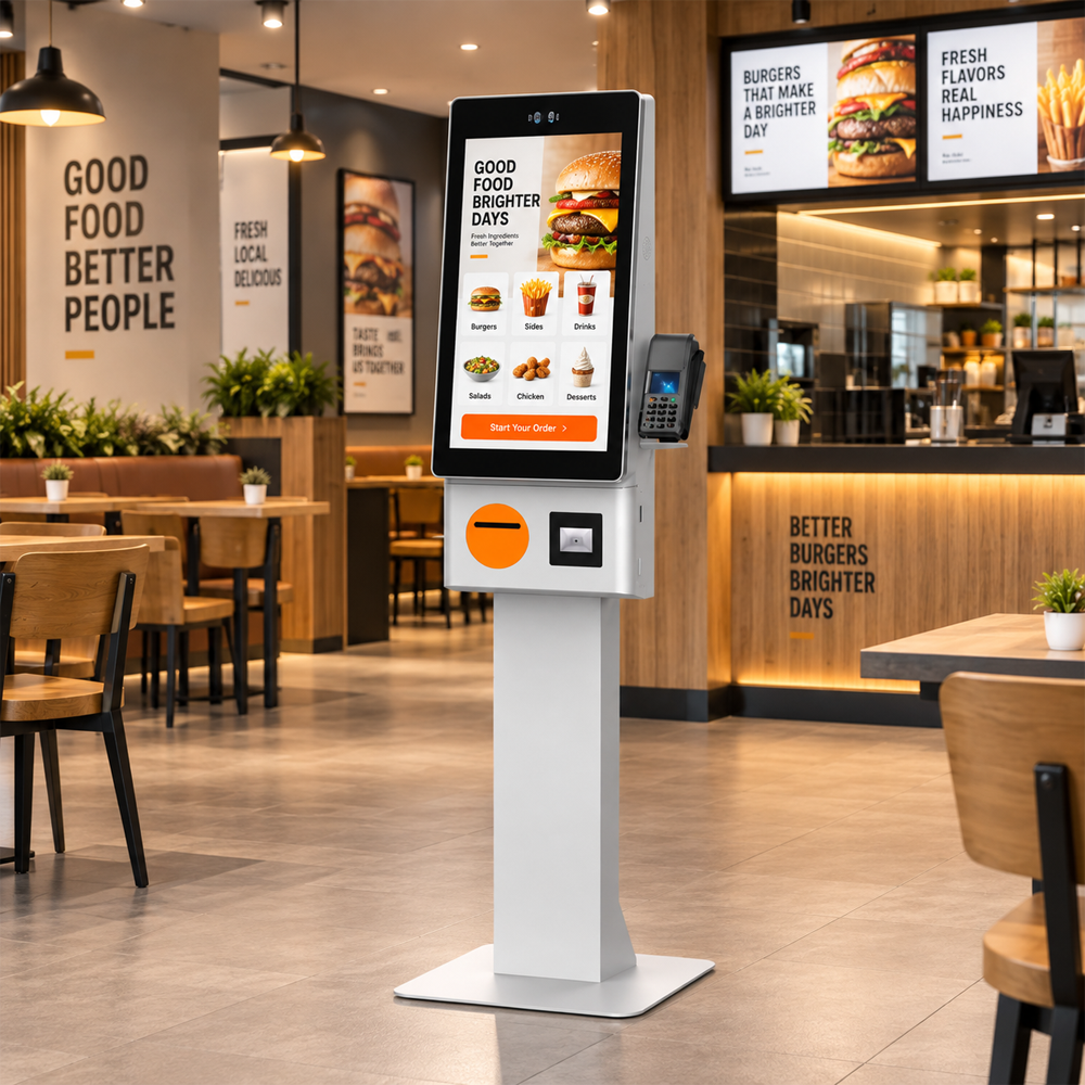 Quiosco de autoservicio independiente LOTUS Series de 23,8" y 27", terminal de pago táctil para restaurantes con impresora térmica. 4