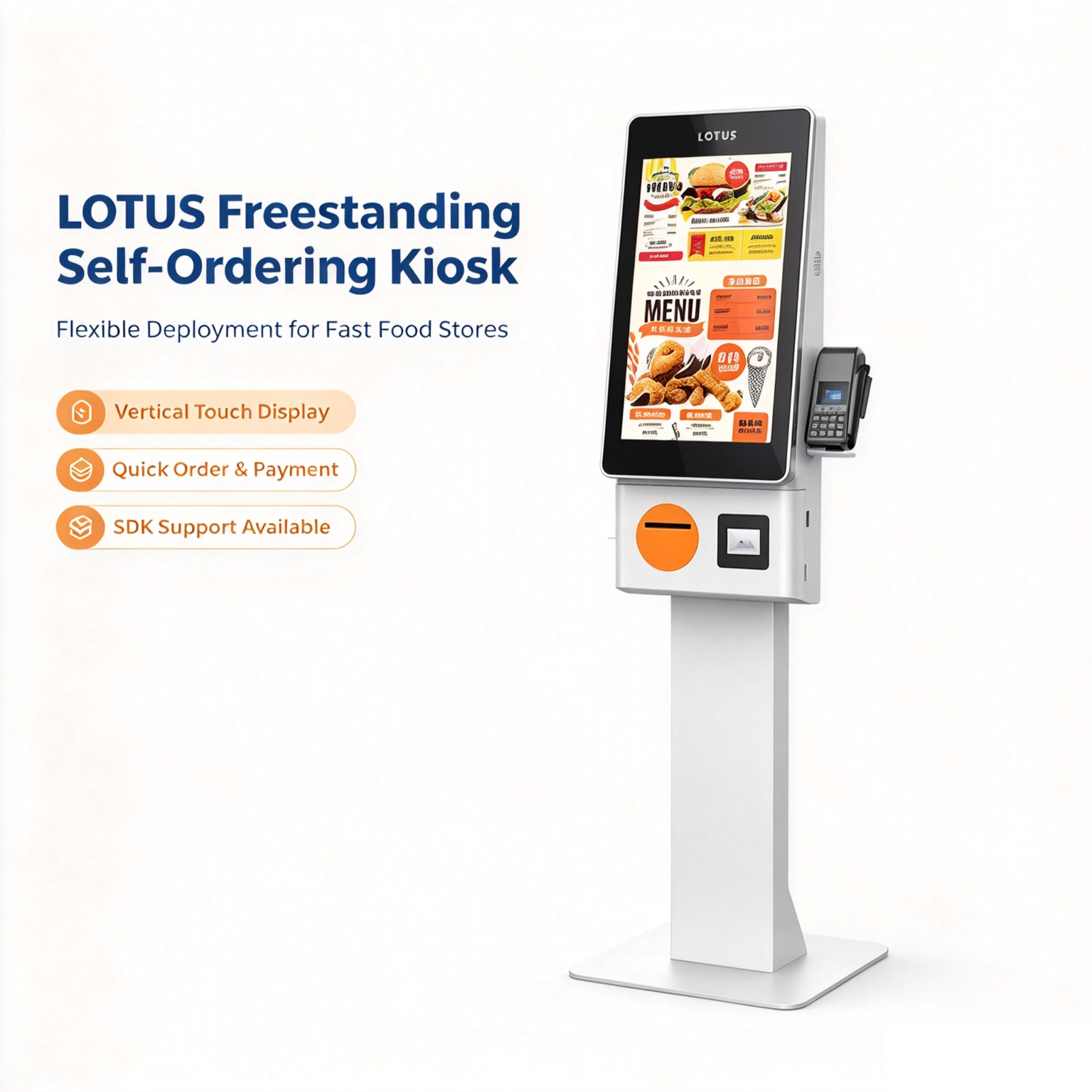 Quiosco de autoservicio independiente LOTUS Series de 23,8" y 27", terminal de pago táctil para restaurantes con impresora térmica. 2