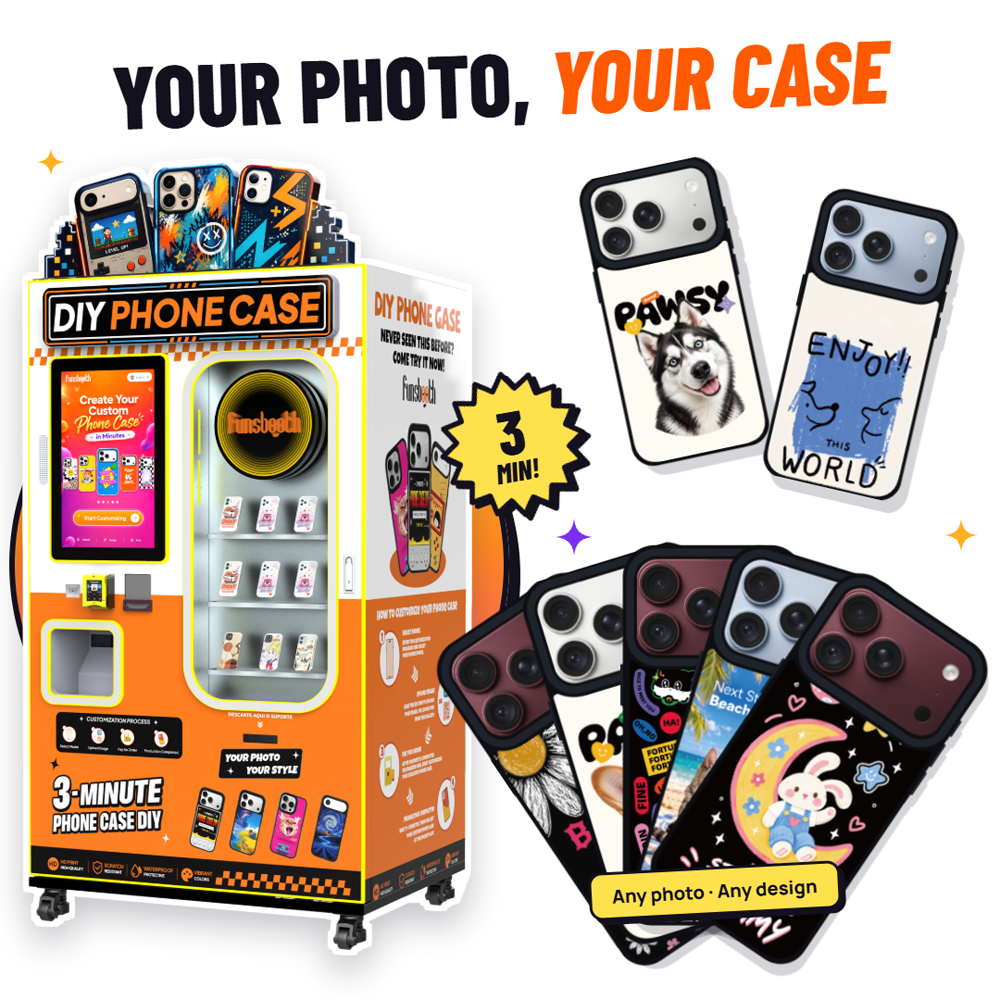 Borne d'impression UV à écran tactile 21,5" | Distributeur automatique de coques de téléphone personnalisées avec plusieurs options de paiement (carte / espèces / QR code) 2