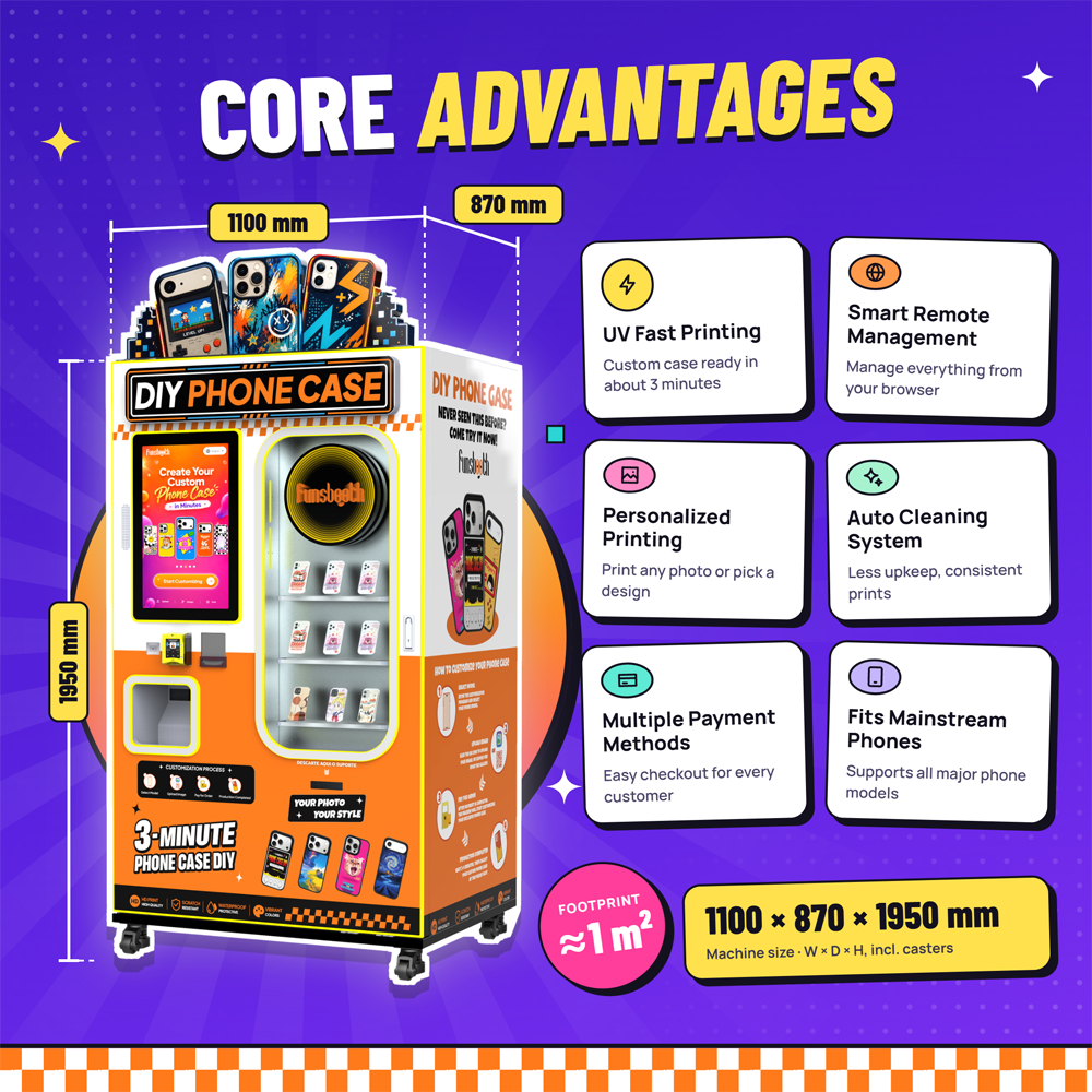Borne d'impression UV à écran tactile 21,5" | Distributeur automatique de coques de téléphone personnalisées avec plusieurs options de paiement (carte / espèces / QR code) 3